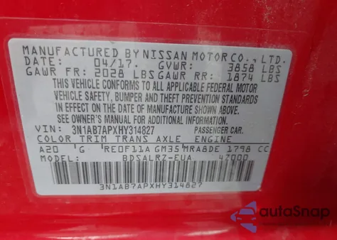 2017 Nissan Sentra S/Sv/Sr/Sl z USA, uszkodzony, nr VIN 3N1AB7APXHY314827